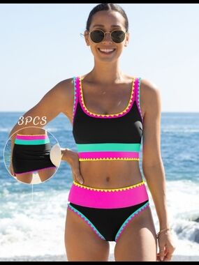 3-Piece Colorblock Bikini Set with Skirt black  high-waisted bottom Sz M